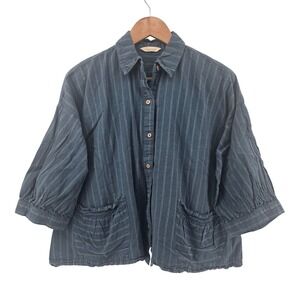 Free People Striped Linen Cotton Blend 3/4 Sleeve Button Up Shirt Blue M